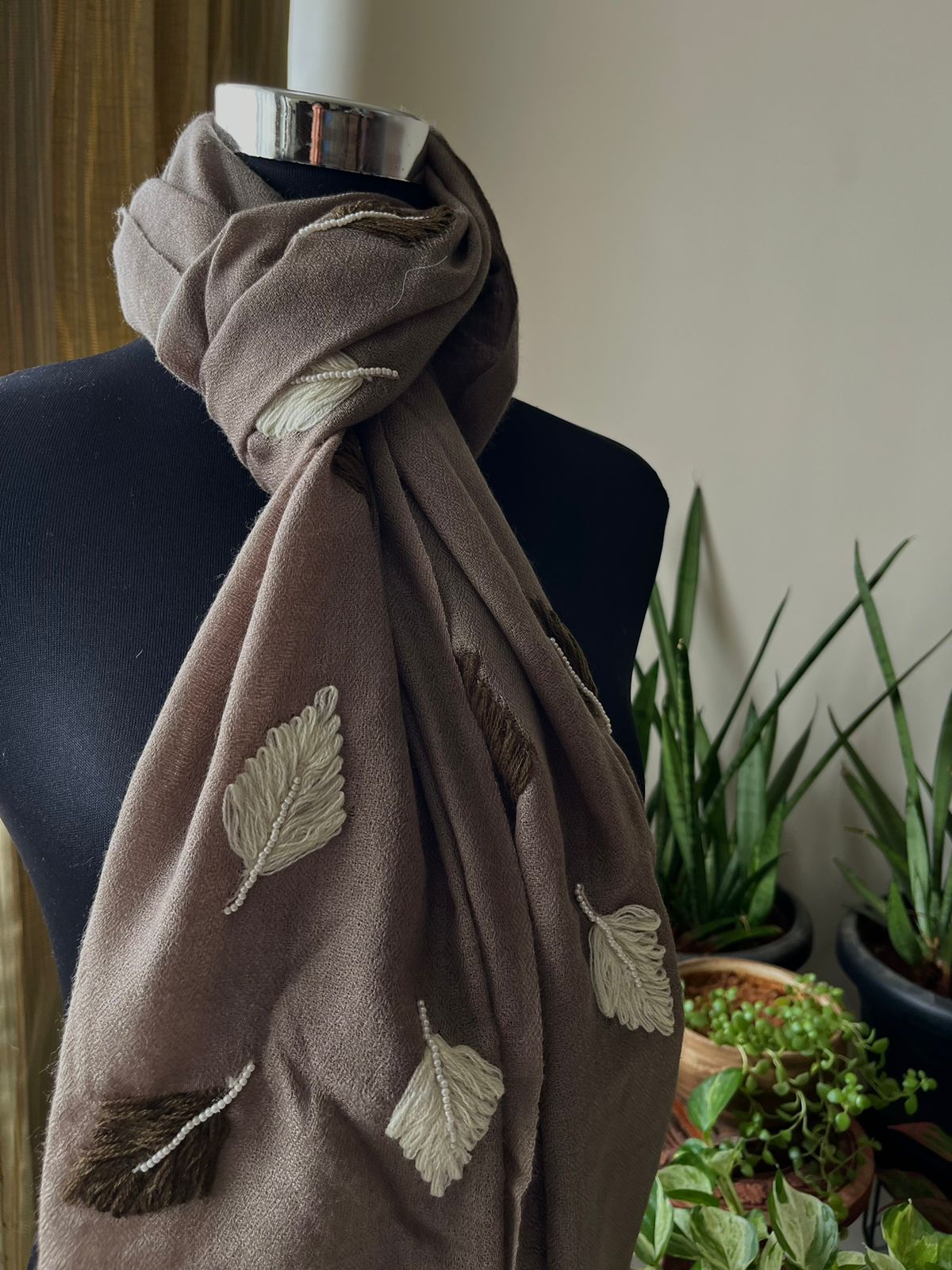 Pure Wool Stoles Scarf with Hand Embroidered Leaves