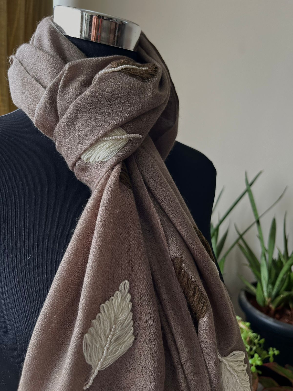 Pure Wool Stoles Scarf with Hand Embroidered Leaves