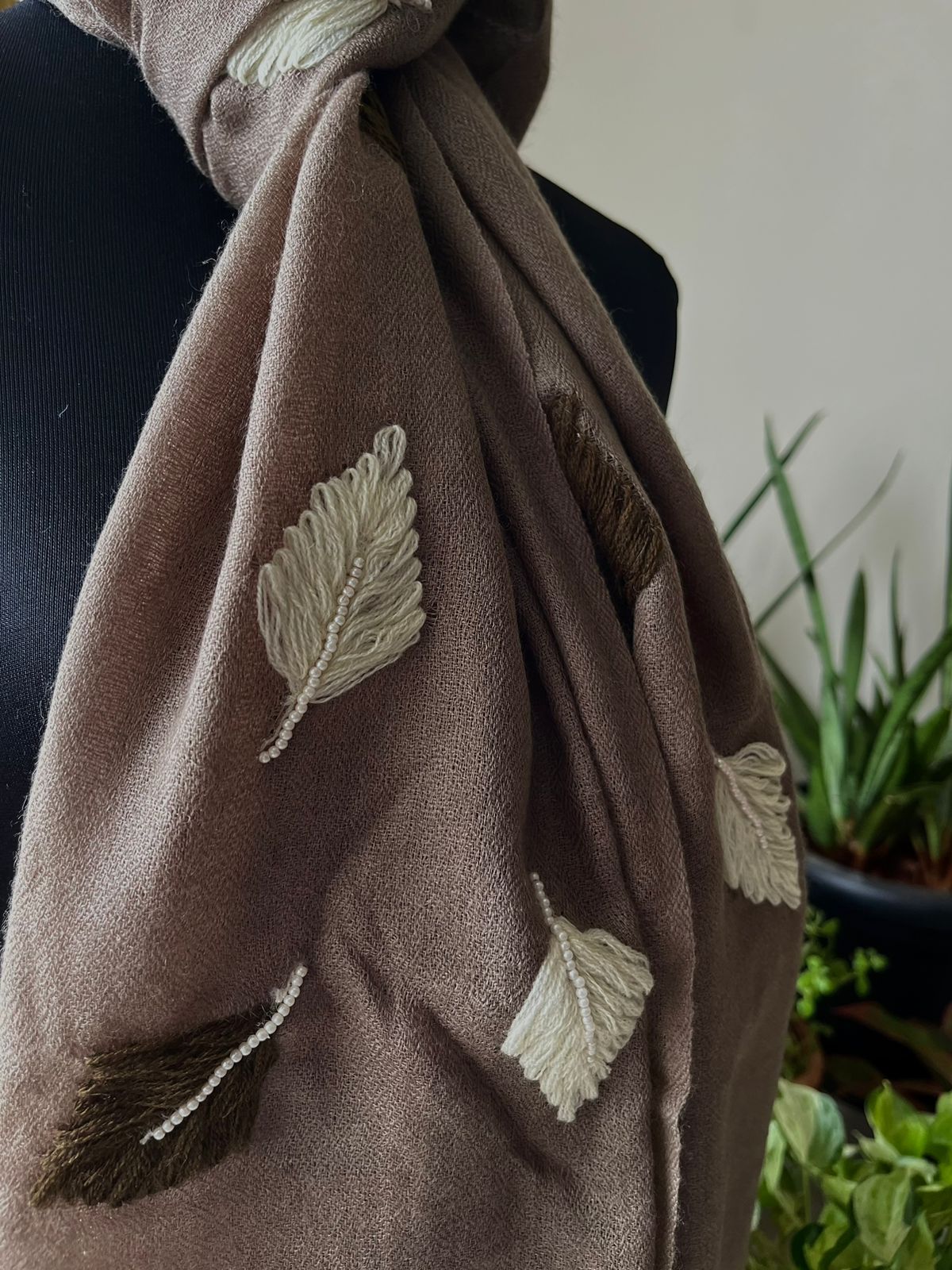 Pure Wool Stoles Scarf with Hand Embroidered Leaves