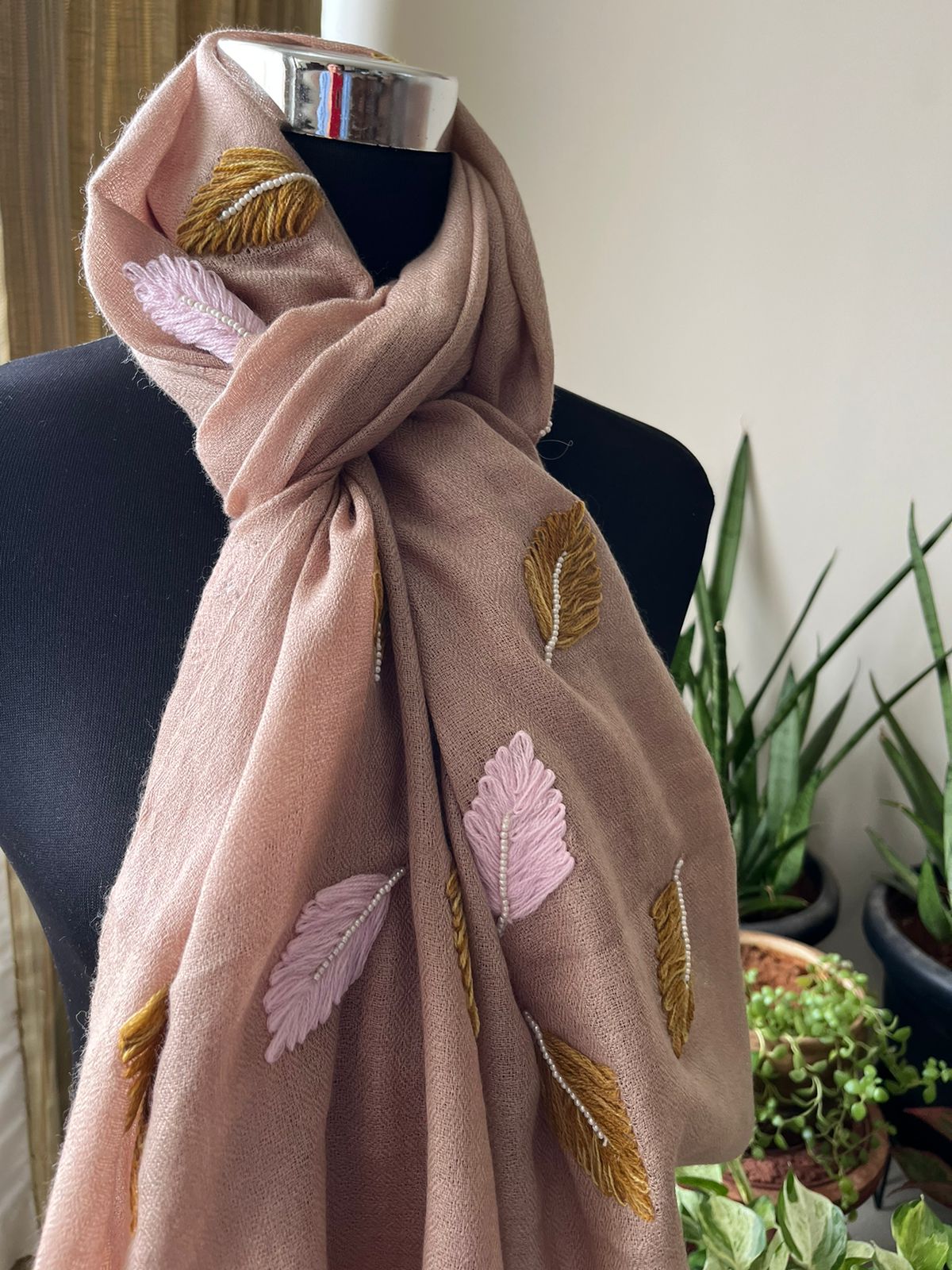 Pure Wool Stoles Scarf with Hand Embroidered Leaves