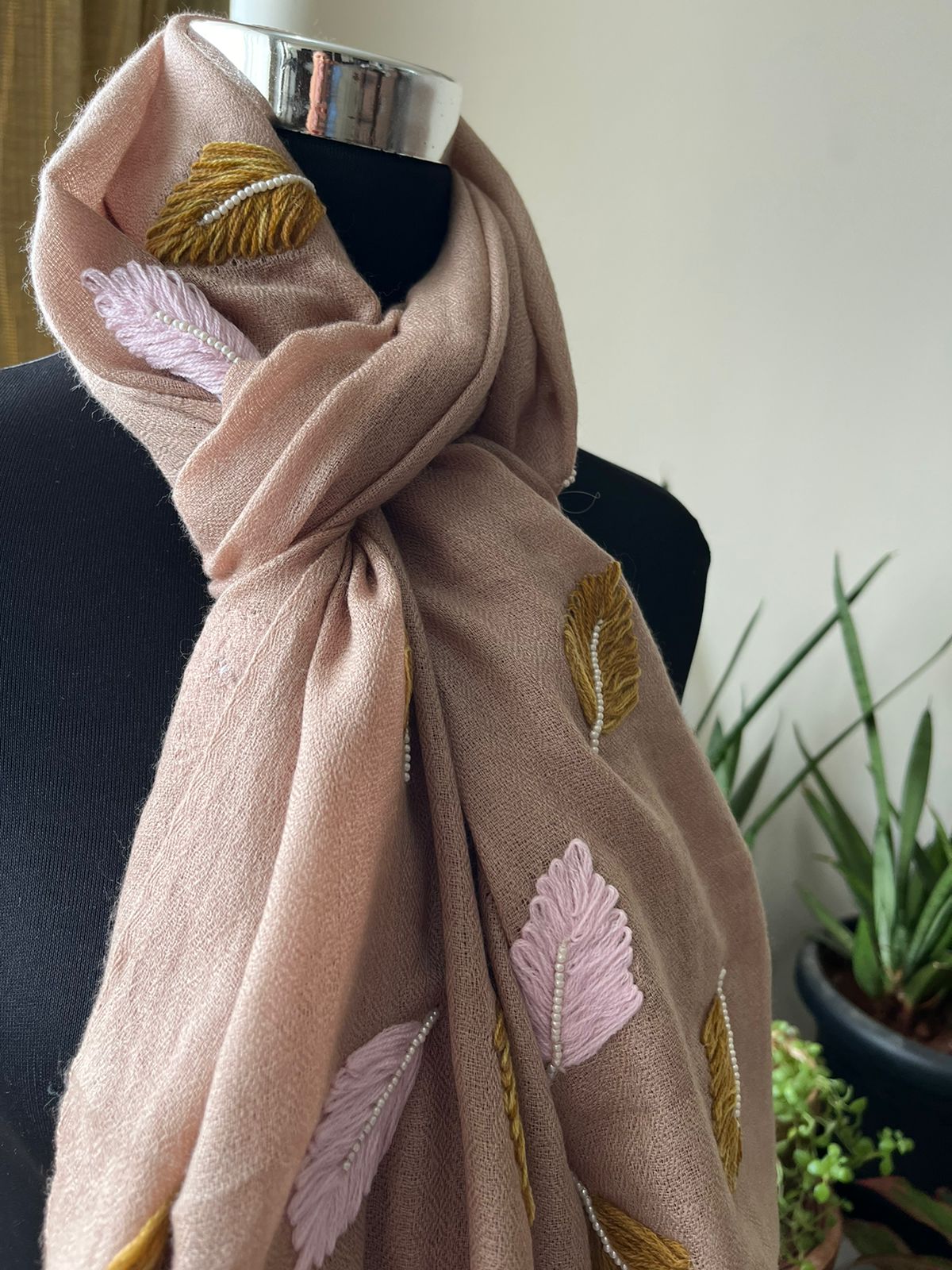 Pure Wool Stoles Scarf with Hand Embroidered Leaves