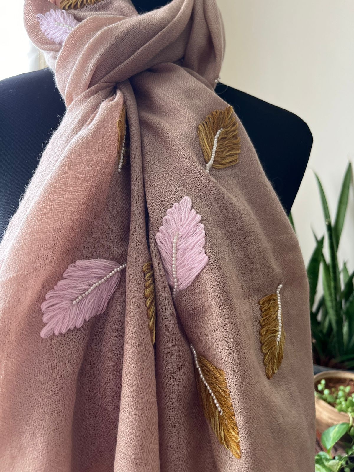 Pure Wool Stoles Scarf with Hand Embroidered Leaves