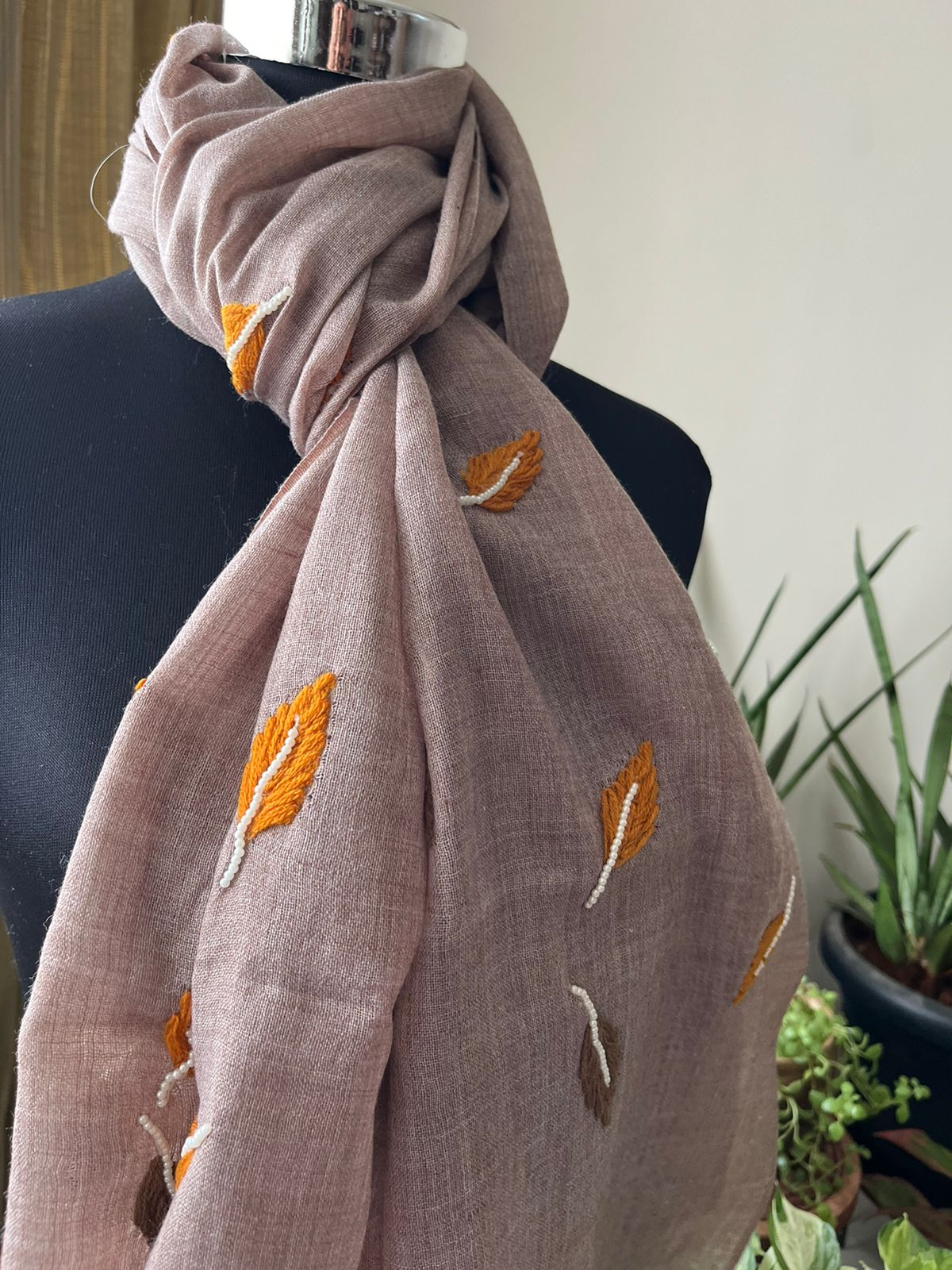 Pure Wool Stoles Scarf with Hand Embroidered Leaves
