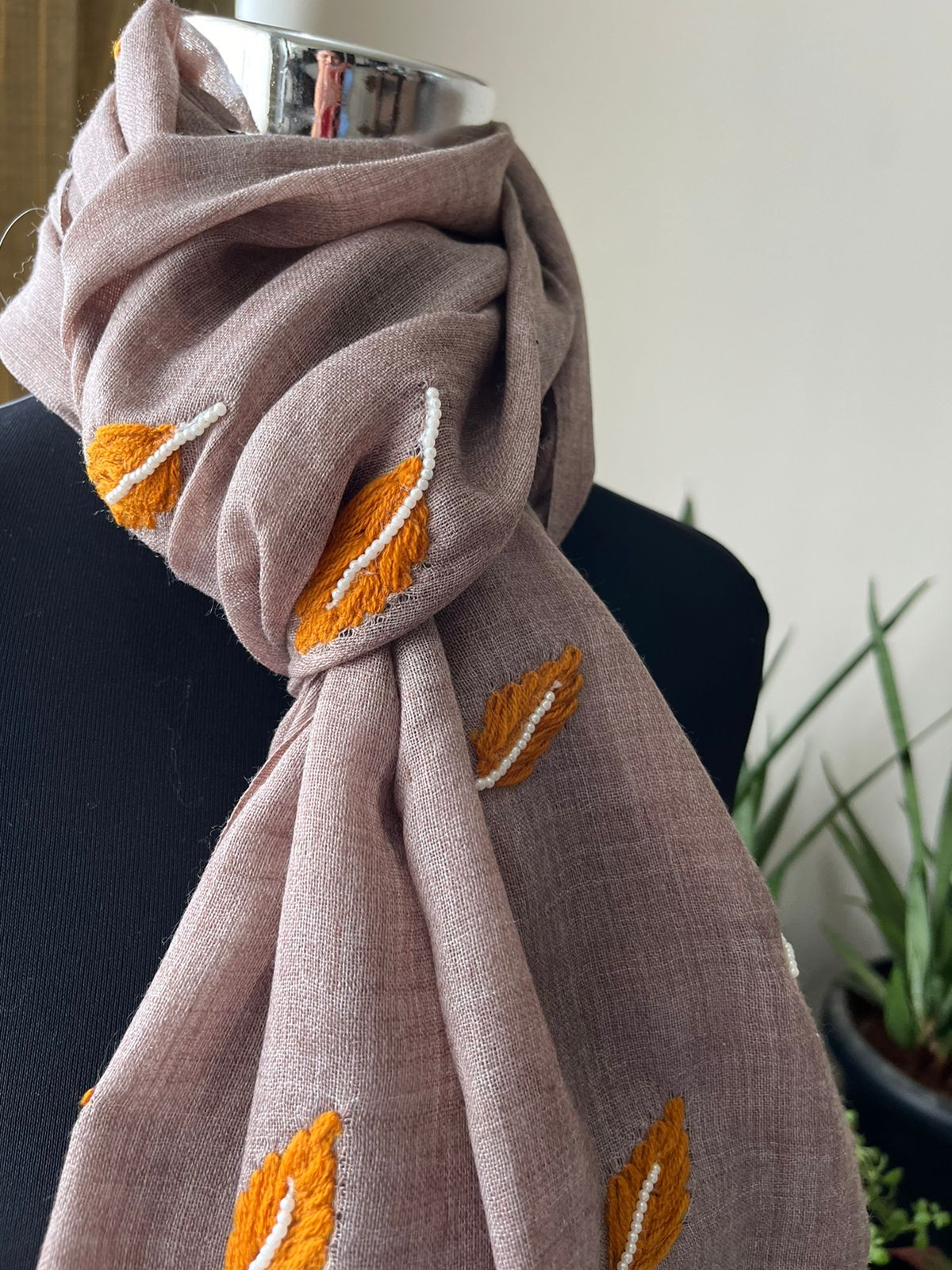 Pure Wool Stoles Scarf with Hand Embroidered Leaves