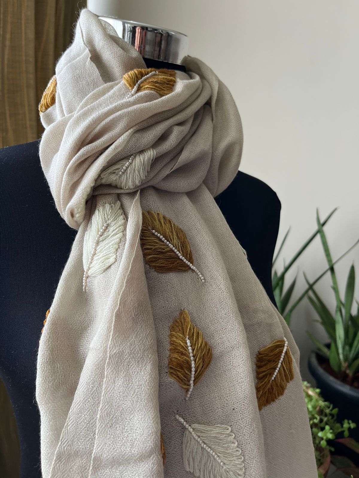 Pure Wool Stoles Scarf with Hand Embroidered Leaves