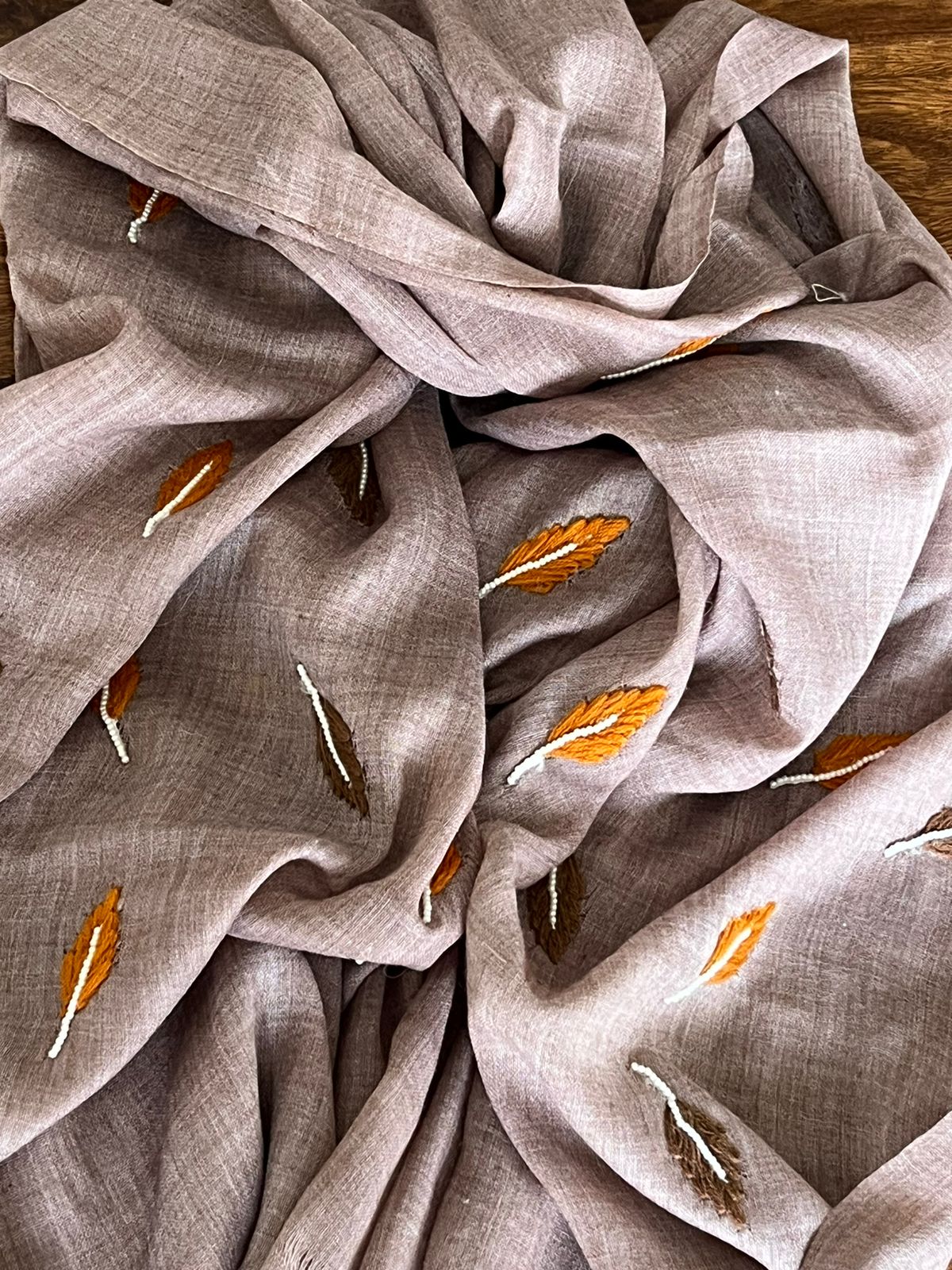 Pure Wool Stoles Scarf with Hand Embroidered Leaves