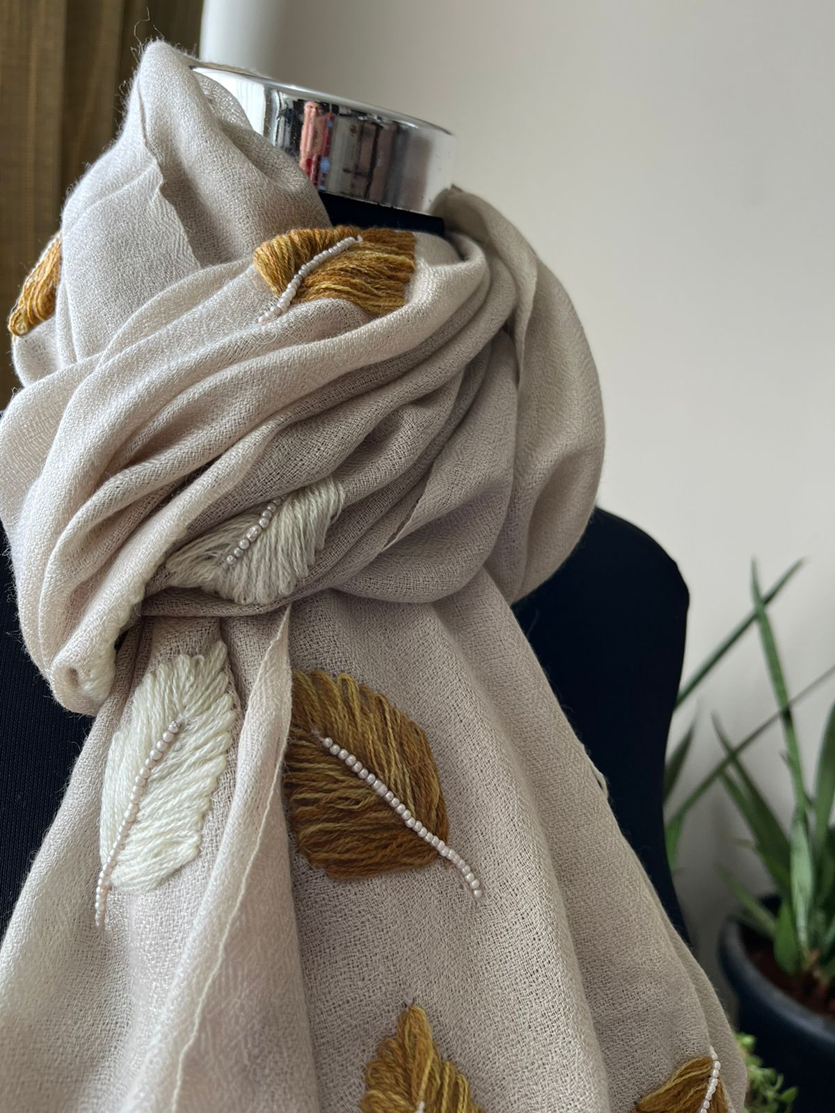 Pure Wool Stoles Scarf with Hand Embroidered Leaves