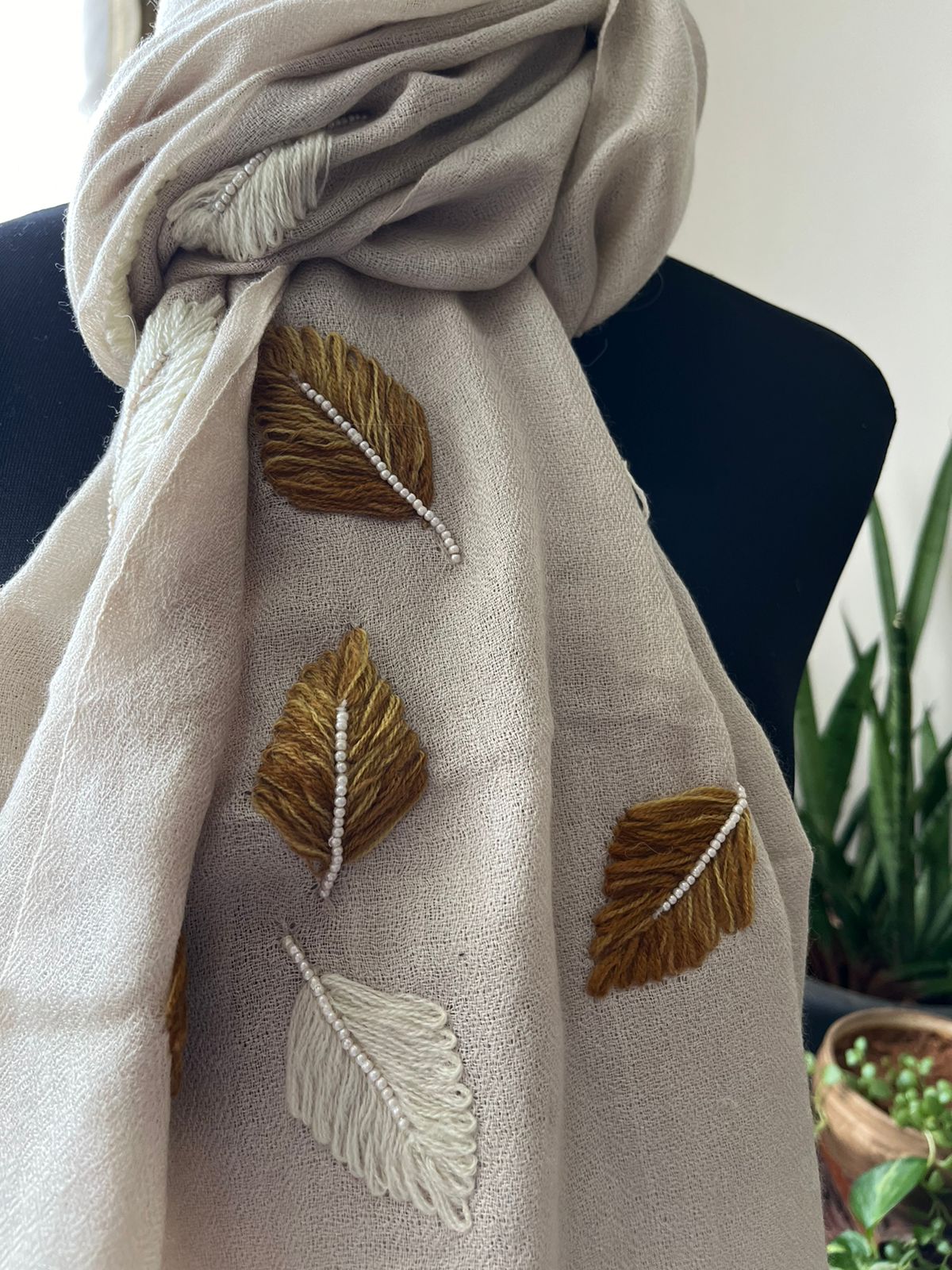Pure Wool Stoles Scarf with Hand Embroidered Leaves