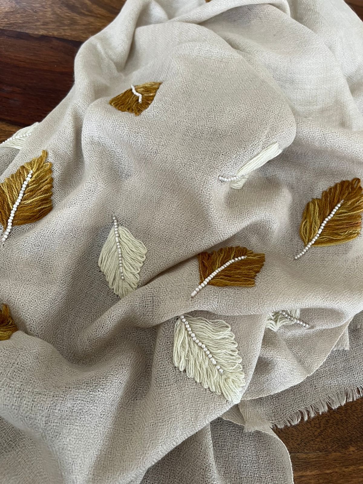 Pure Wool Stoles Scarf with Hand Embroidered Leaves