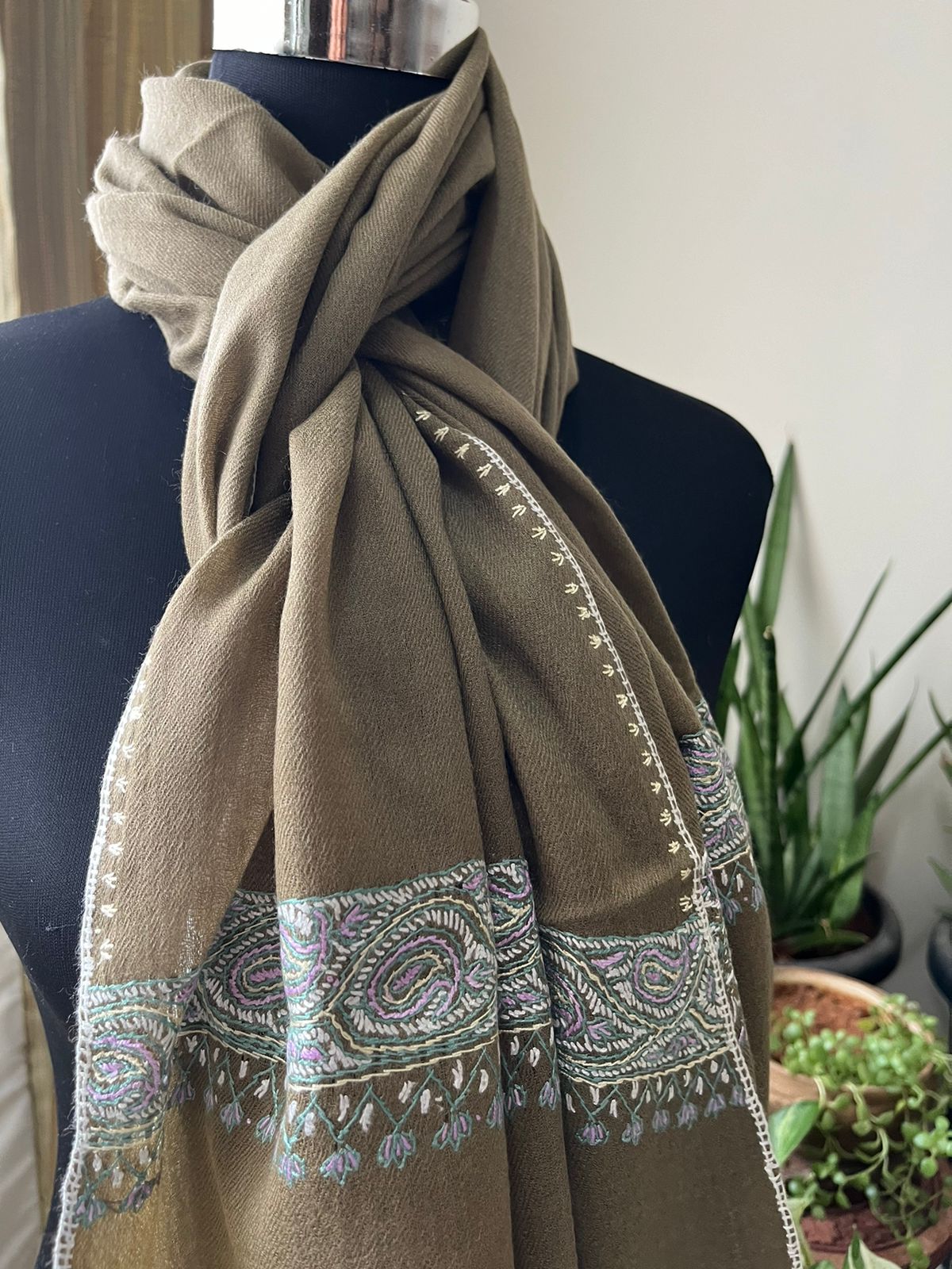 Beautiful Sozni Embroidered Handcrafted Woollen Stoles - Beige