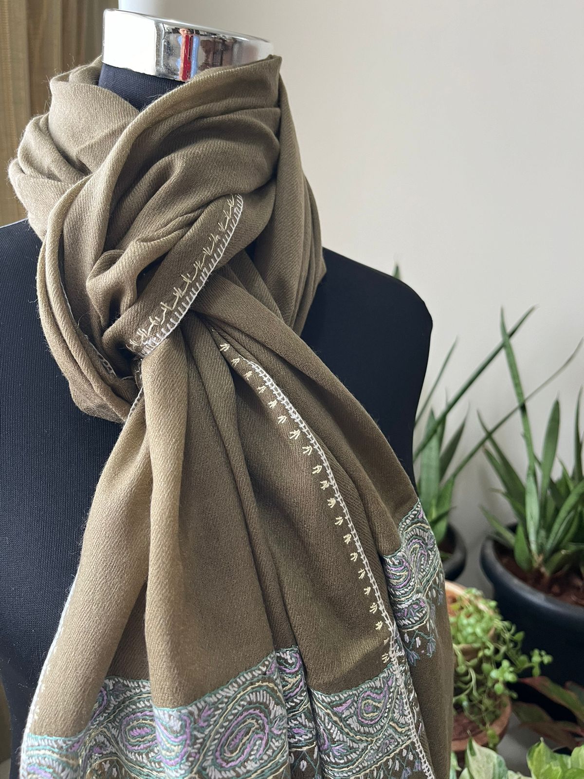Beautiful Sozni Embroidered Handcrafted Woollen Stoles - Beige