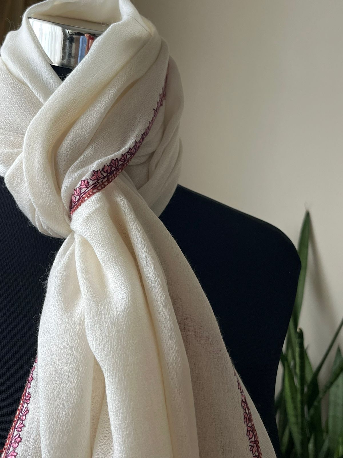 Beautiful Sozni Embroidered Handcrafted Woollen Stoles - Ivory White