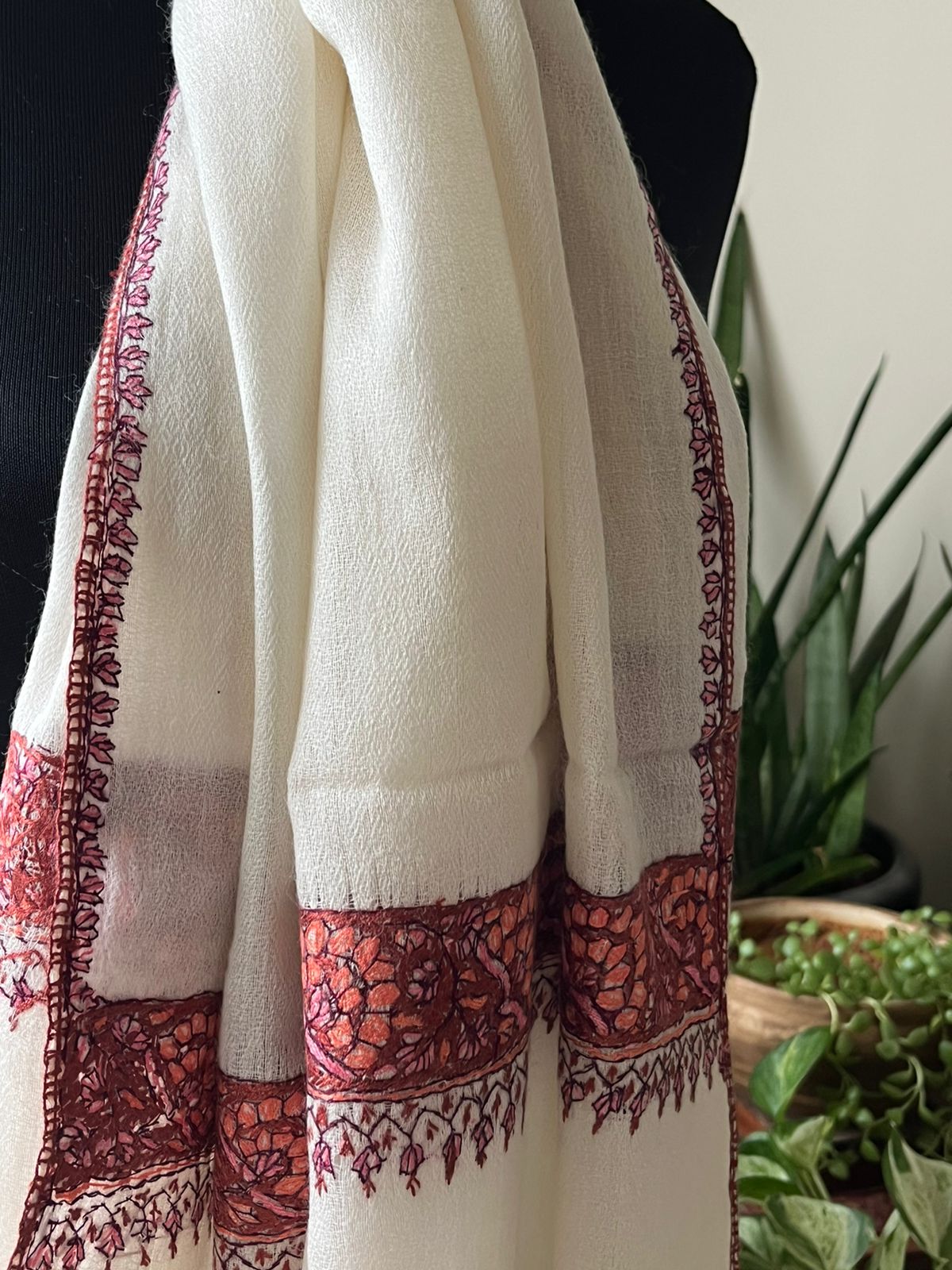 Beautiful Sozni Embroidered Handcrafted Woollen Stoles - Ivory White
