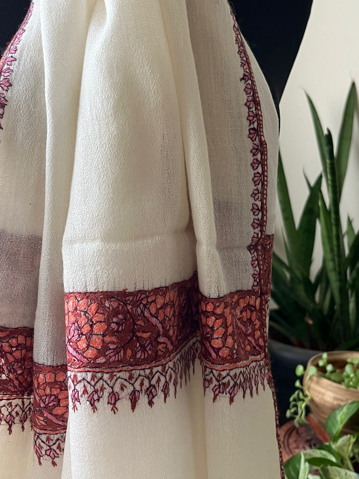 Beautiful Sozni Embroidered Handcrafted Woollen Stoles - Ivory White