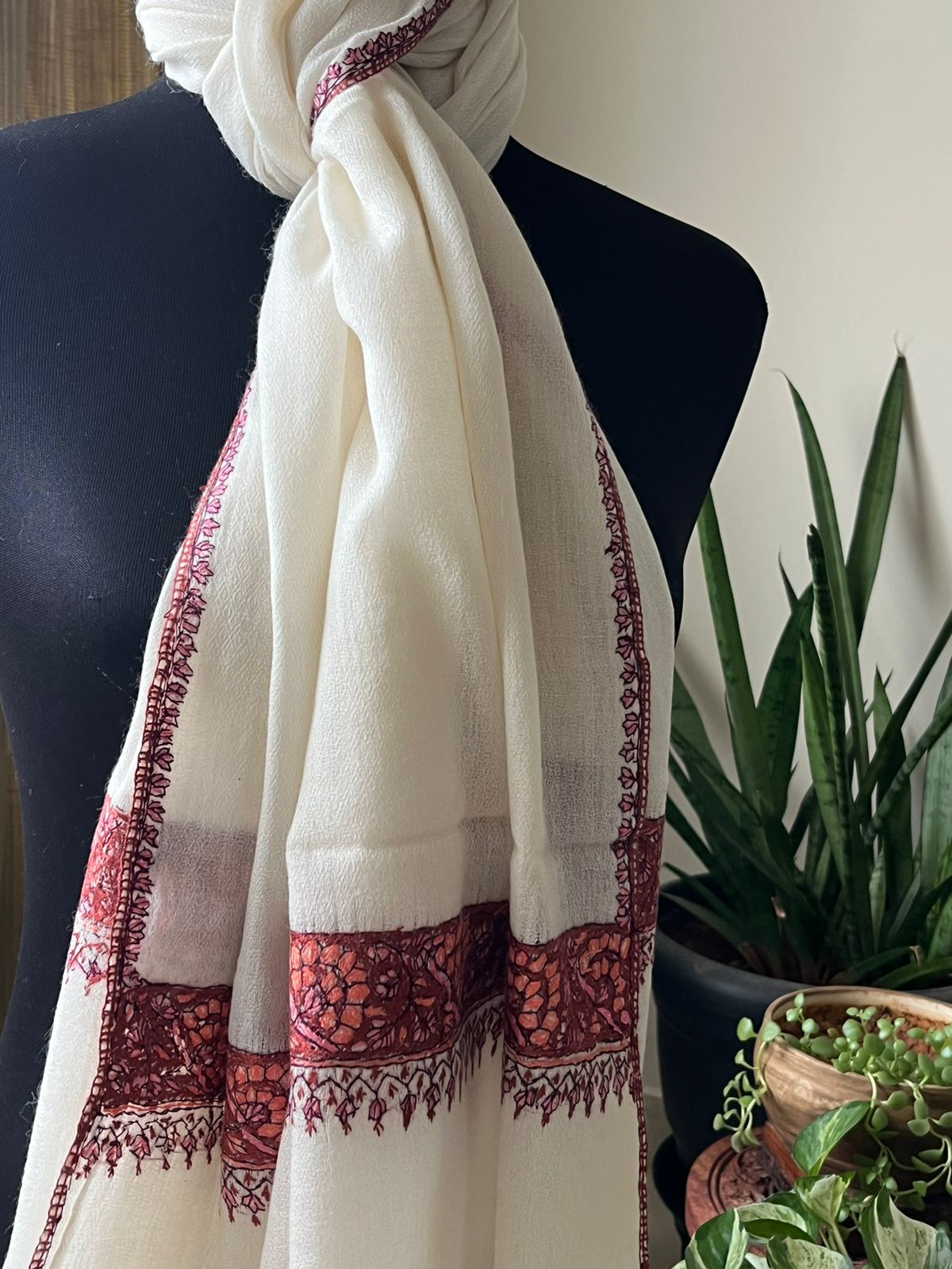 Beautiful Sozni Embroidered Handcrafted Woollen Stoles - Ivory White