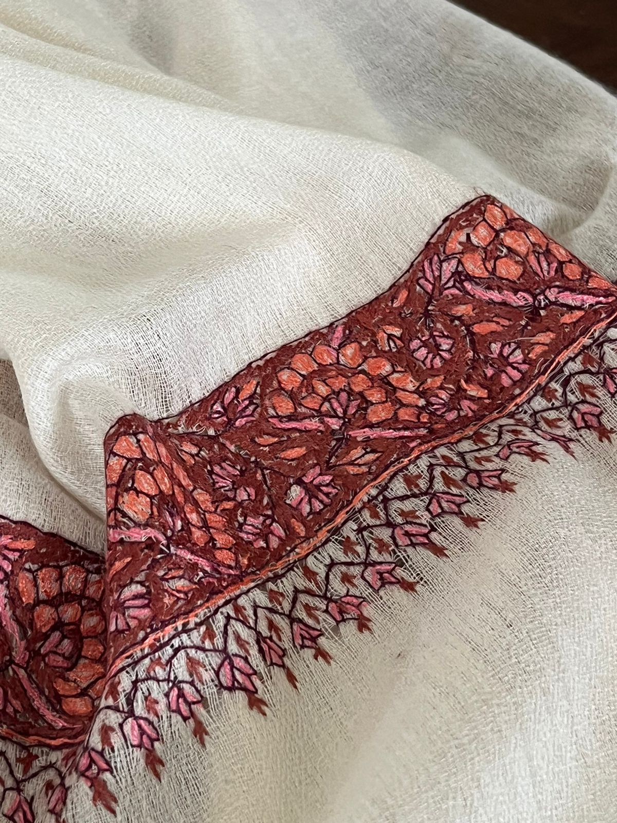 Beautiful Sozni Embroidered Handcrafted Woollen Stoles - Ivory White