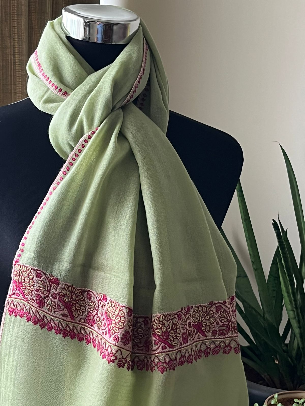 Beautiful Sozni Embroidered Handcrafted Woollen Stoles - Pista Green