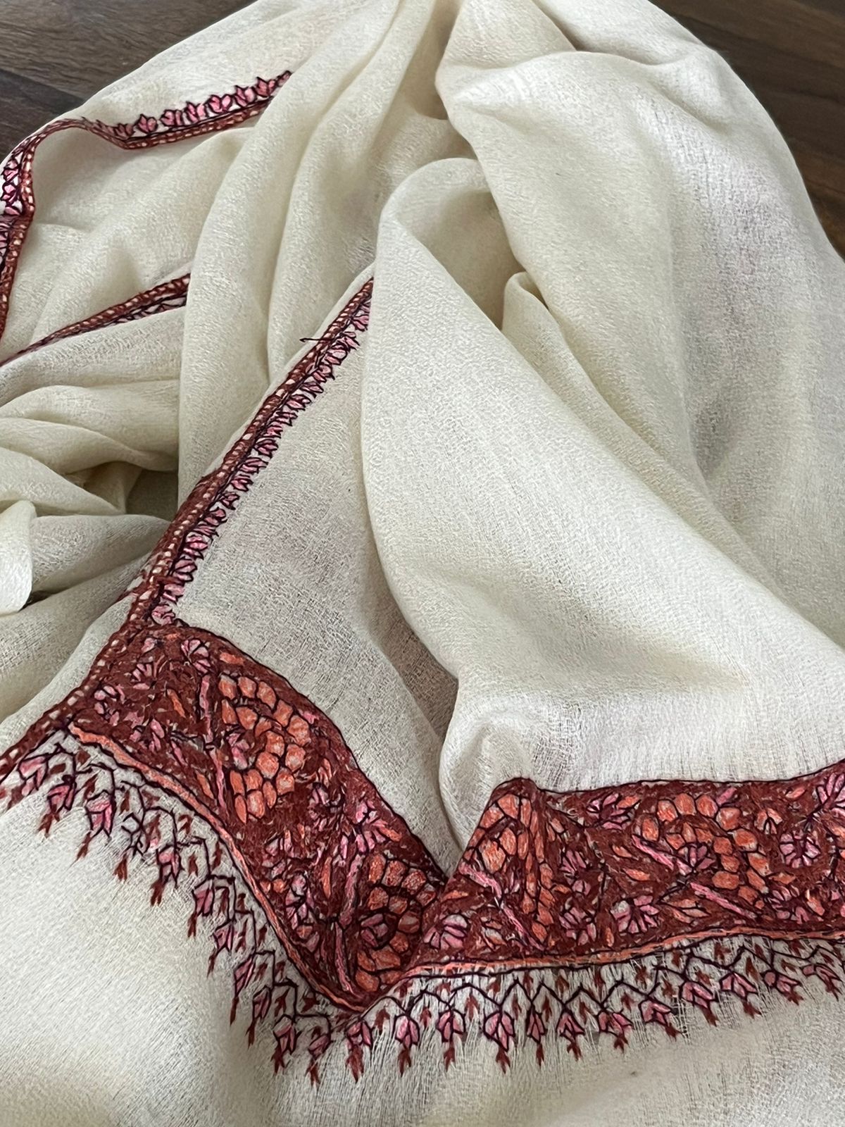 Beautiful Sozni Embroidered Handcrafted Woollen Stoles - Ivory White