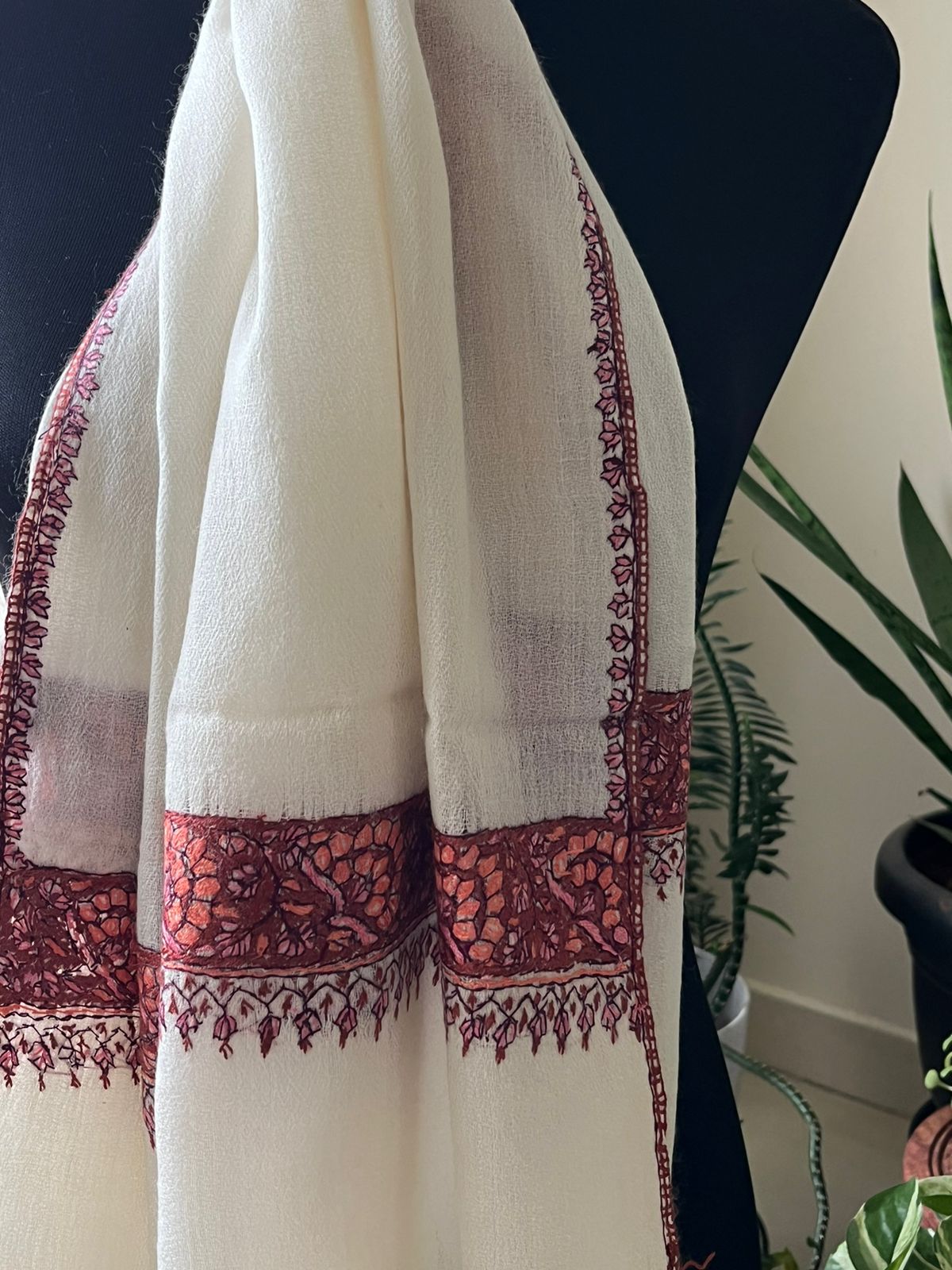 Beautiful Sozni Embroidered Handcrafted Woollen Stoles - Ivory White