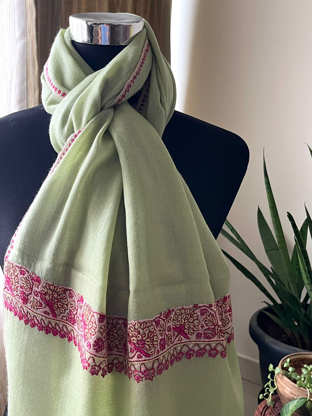 Beautiful Sozni Embroidered Handcrafted Woollen Stoles - Pista Green
