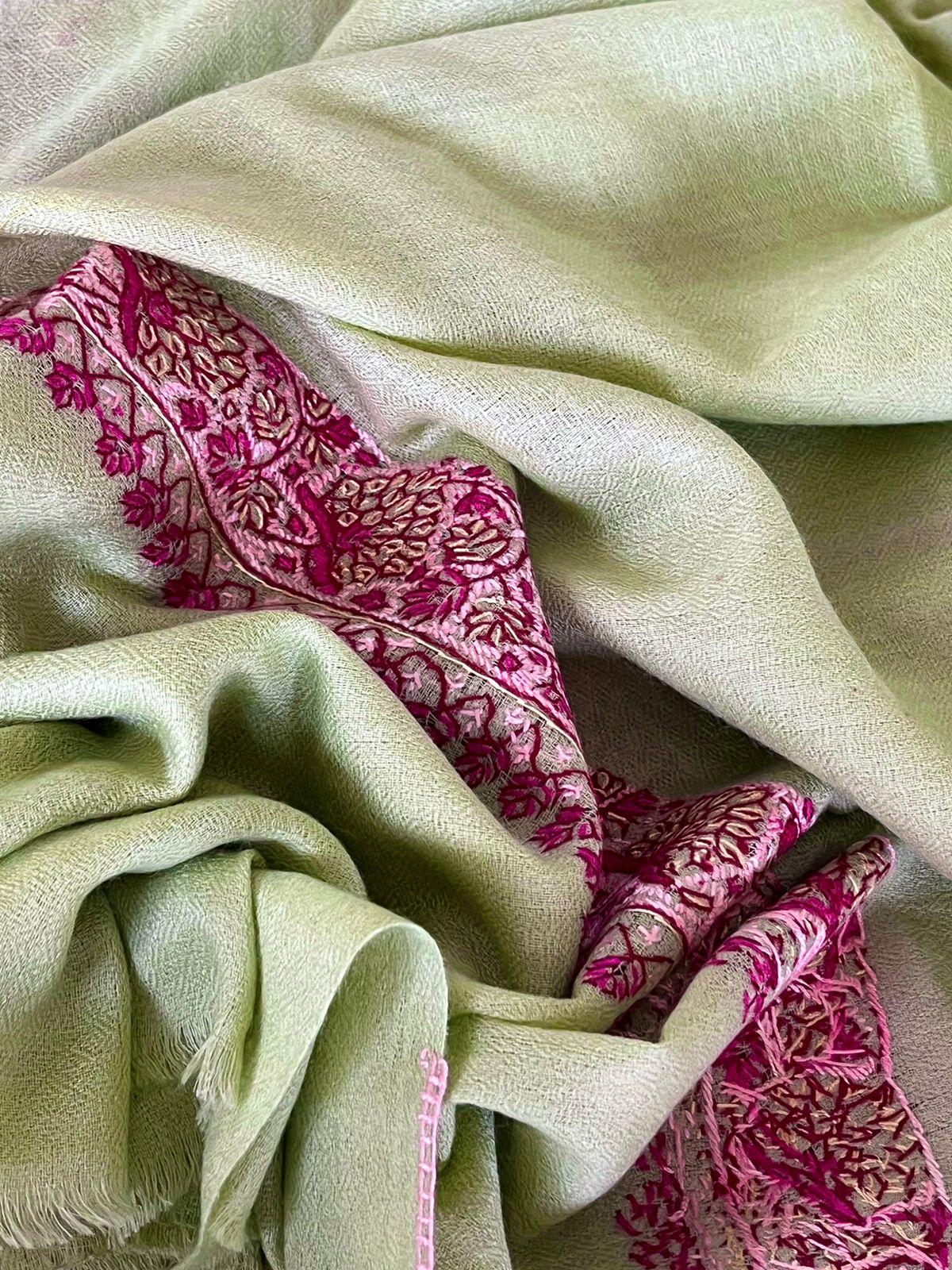 Beautiful Sozni Embroidered Handcrafted Woollen Stoles - Pista Green