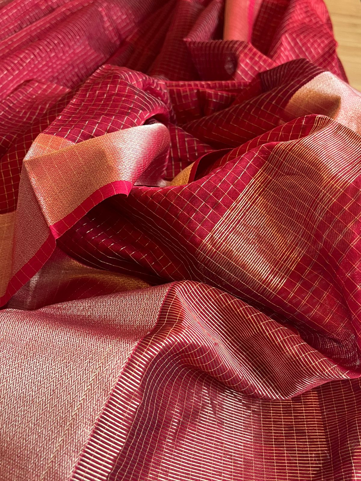 Maheshwari Checkered Zari Handloom Saree - Blood Red