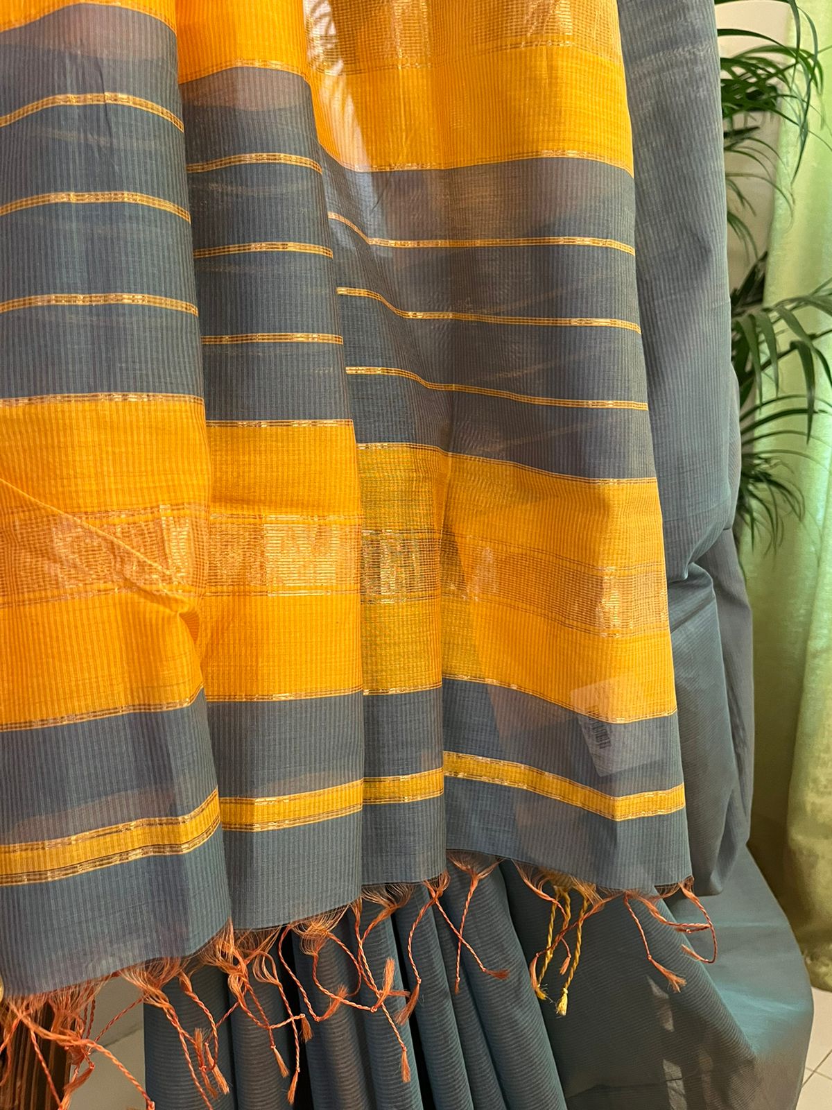 Elegant Maheshwari Handloom Saree - Smoky Blue with Yellow