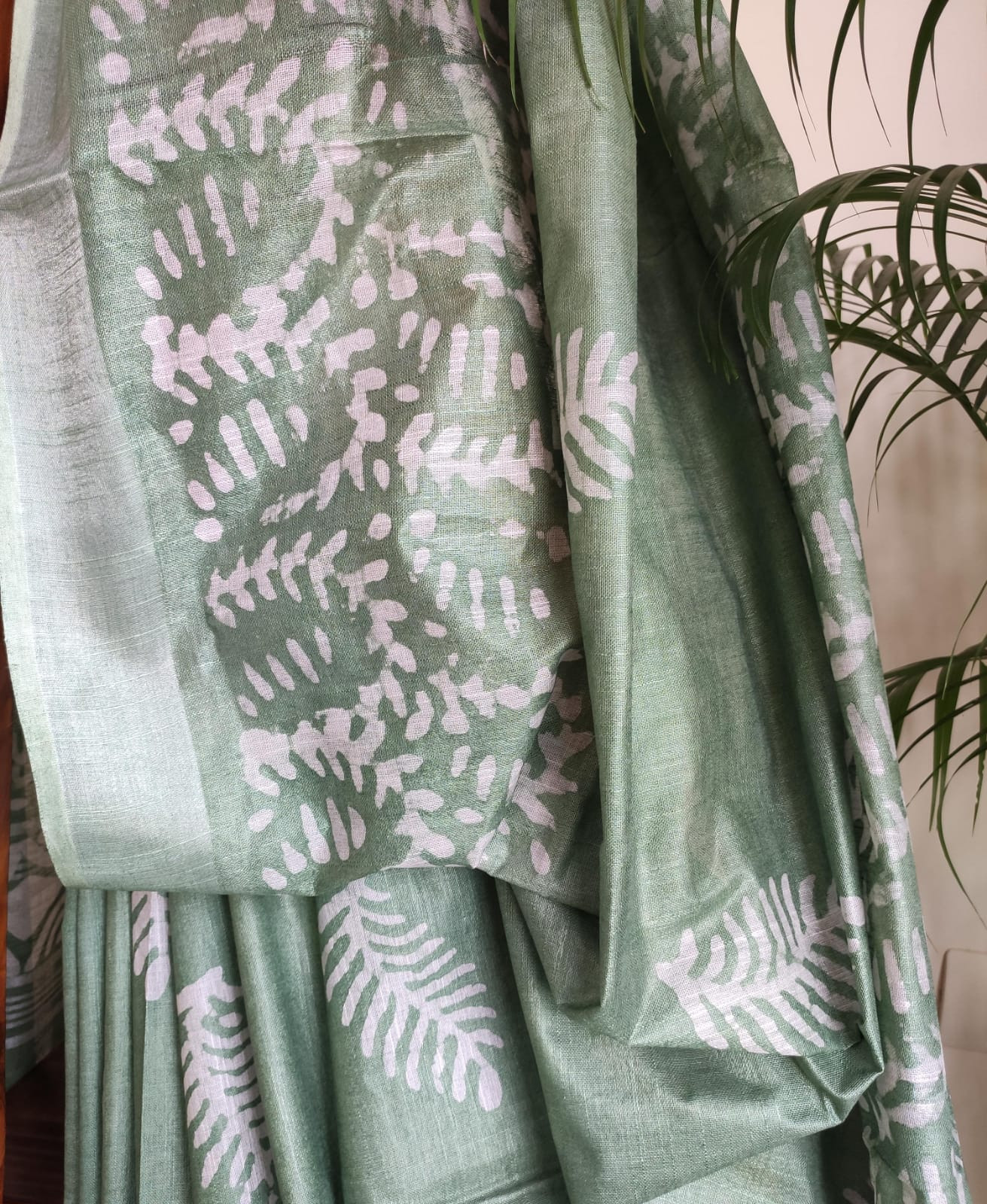 Pure Cotton Wax Batik Saree with zari border - Green