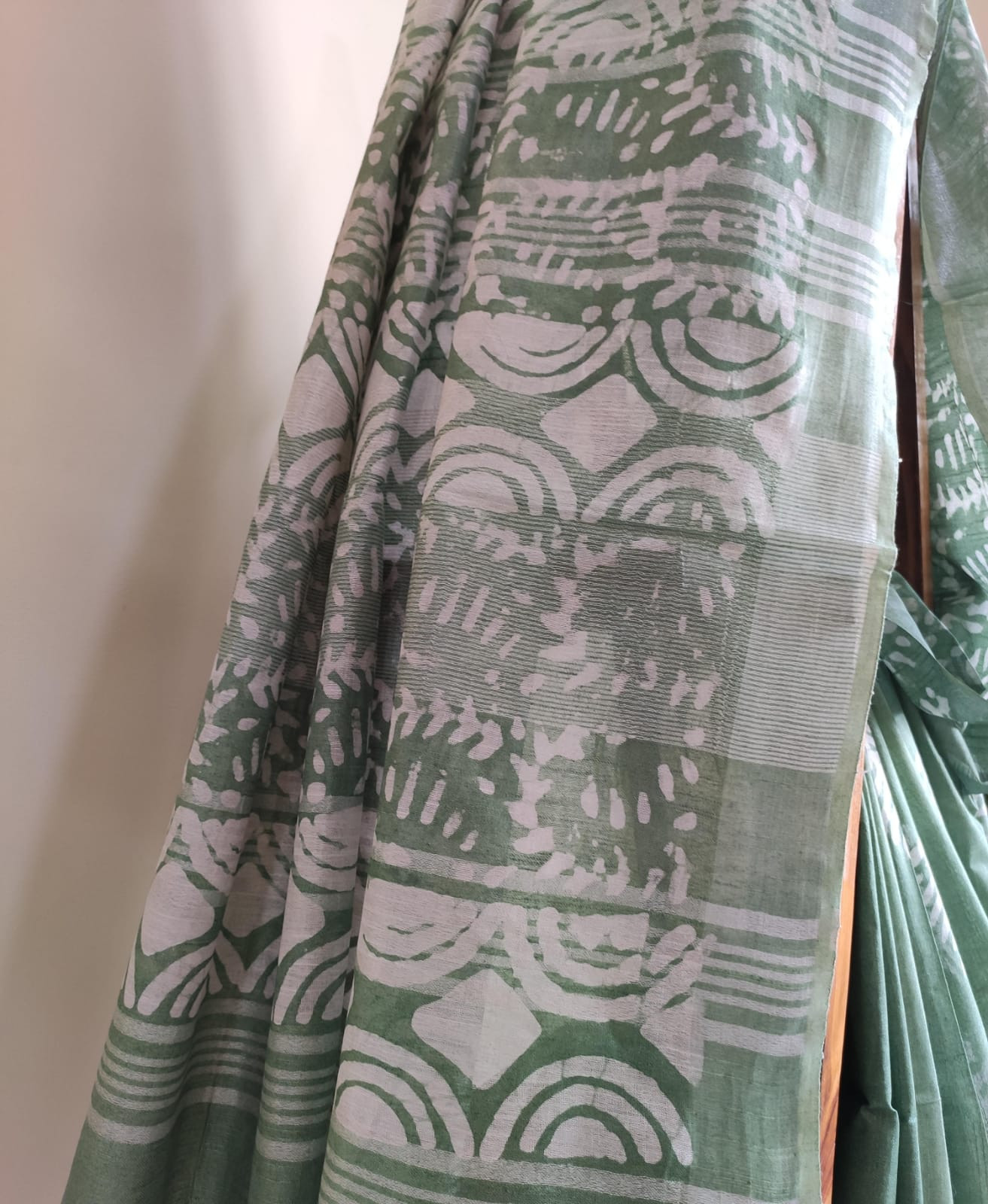 Pure Cotton Wax Batik Saree with zari border - Green