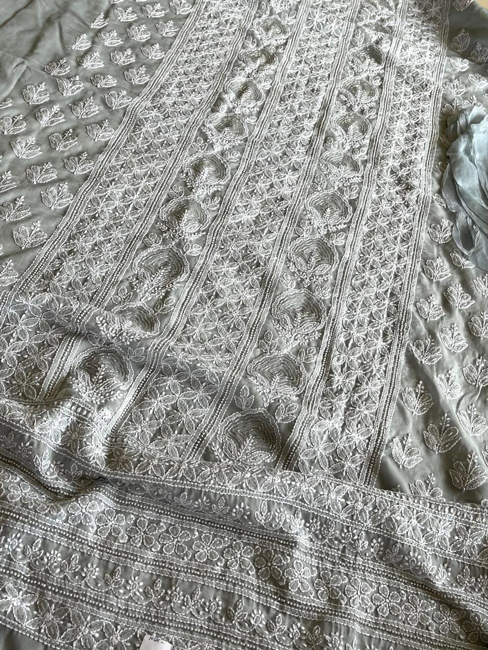 Pure mul cotton 3 piece suit with pearl work - Grey