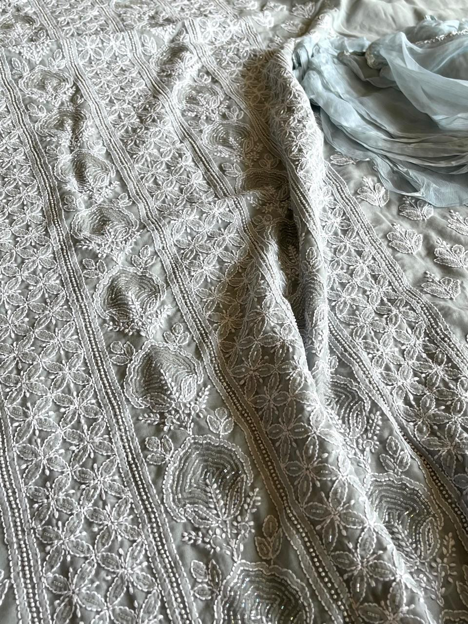 Pure mul cotton 3 piece suit with pearl work - Grey