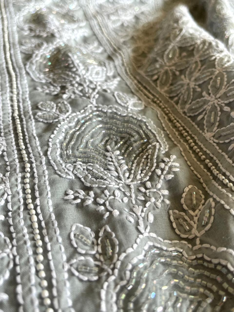 Pure mul cotton 3 piece suit with pearl work - Grey