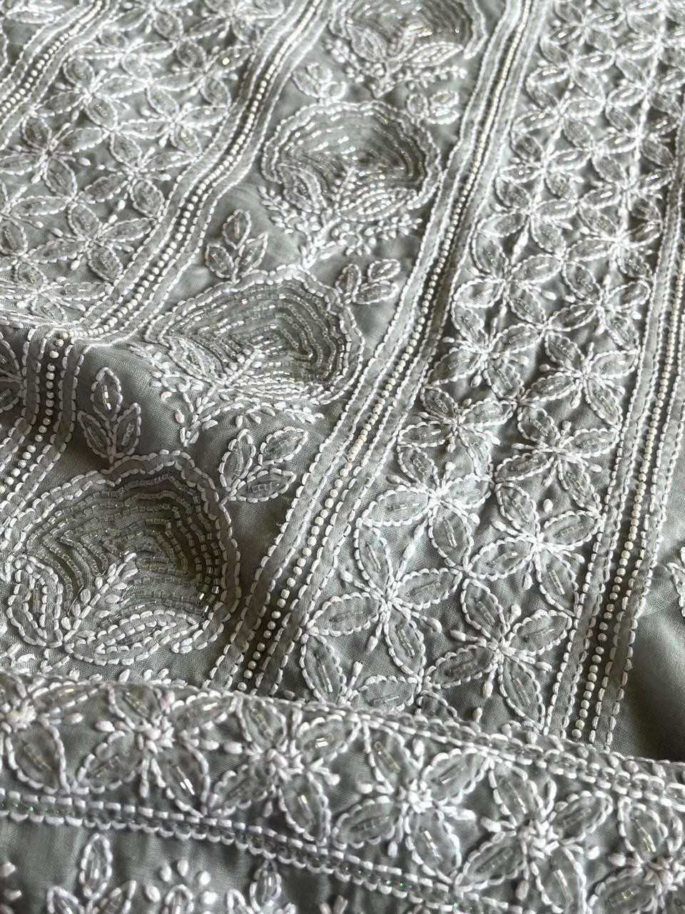 Pure mul cotton 3 piece suit with pearl work - Grey