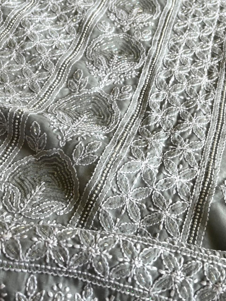 Image of Pure mul cotton 3 piece suit with pearl work - Grey