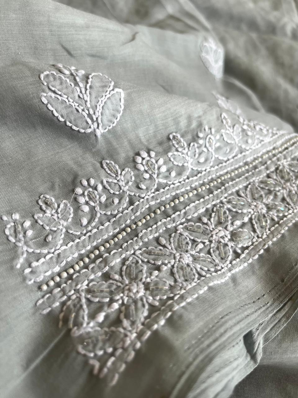 Pure mul cotton 3 piece suit with pearl work - Grey