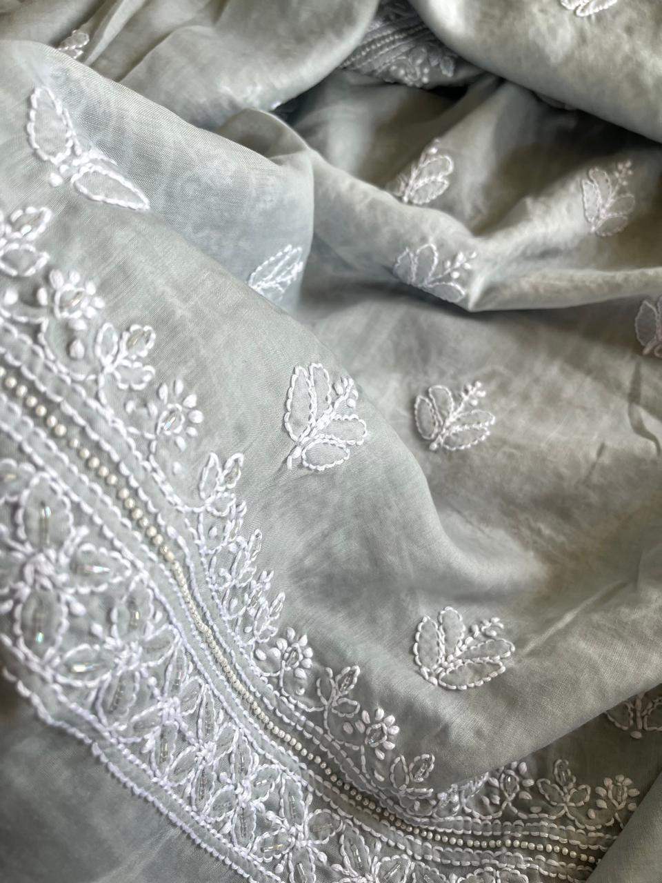 Pure mul cotton 3 piece suit with pearl work - Grey