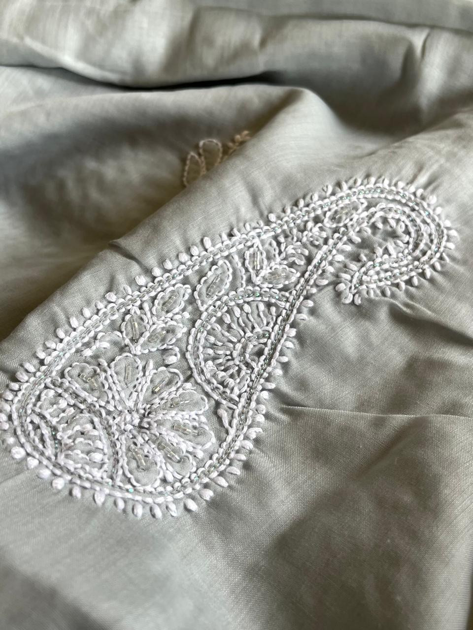 Pure mul cotton 3 piece suit with pearl work - Grey