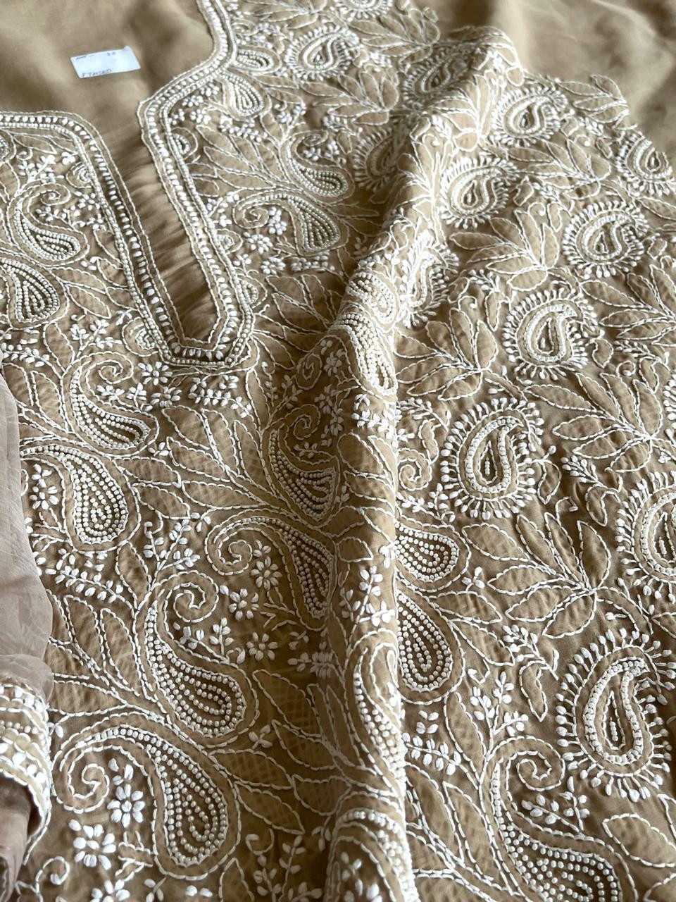 Pure mul cotton 3 piece suit with pearl work - Beige