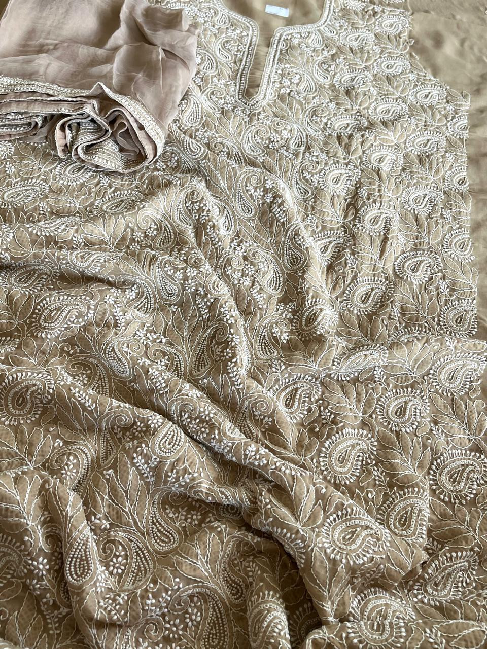 Pure mul cotton 3 piece suit with pearl work - Beige