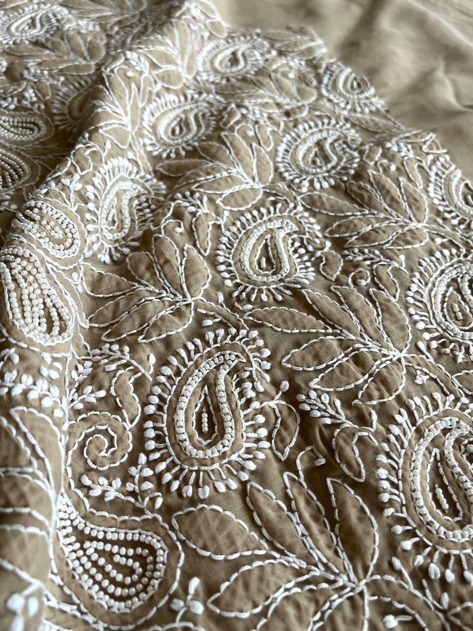 Pure mul cotton 3 piece suit with pearl work - Beige