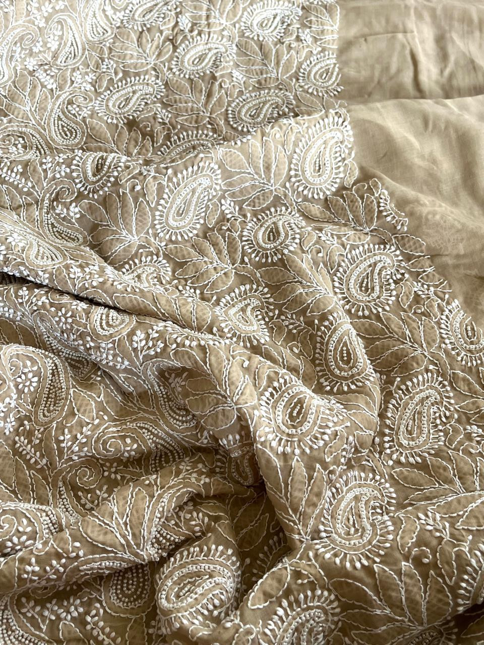 Pure mul cotton 3 piece suit with pearl work - Beige