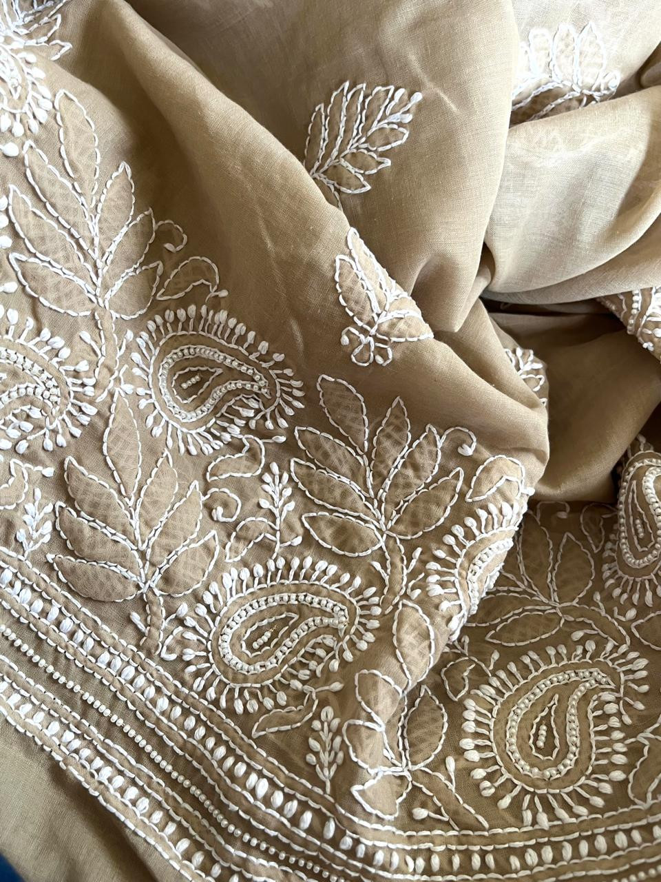 Pure mul cotton 3 piece suit with pearl work - Beige