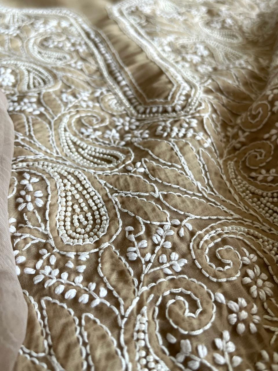 Pure mul cotton 3 piece suit with pearl work - Beige