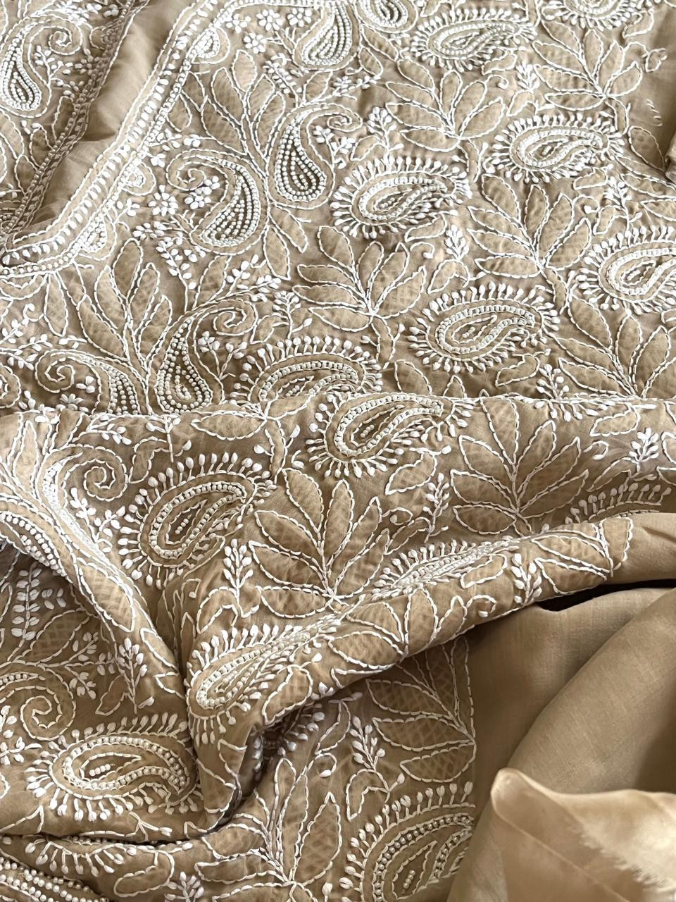 Pure mul cotton 3 piece suit with pearl work - Beige