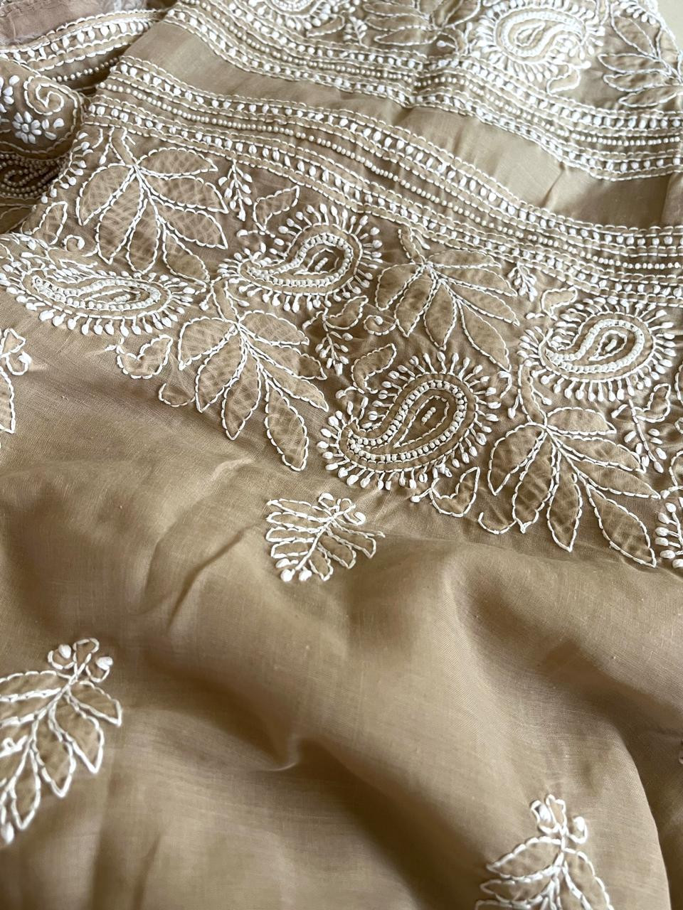 Pure mul cotton 3 piece suit with pearl work - Beige