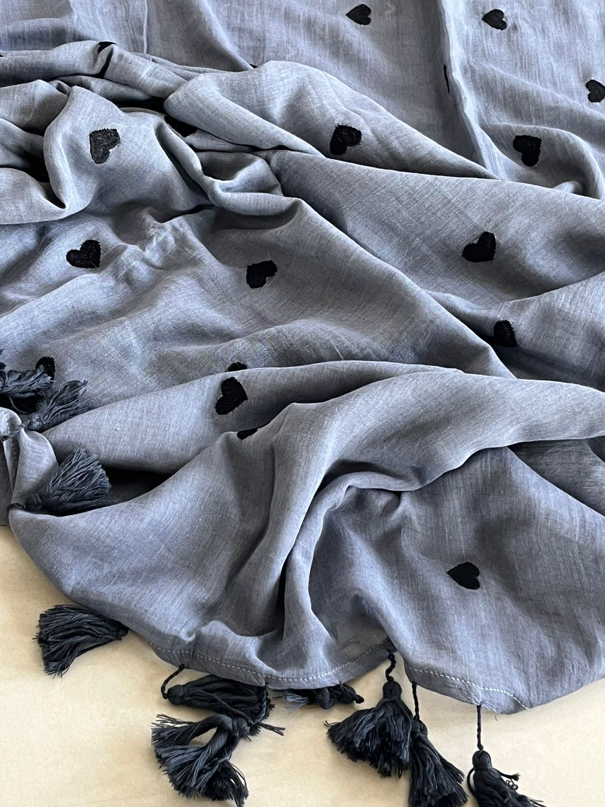 Soft and comfortable Pure Mul Mul Sarees with embroidered Hearts - Grey