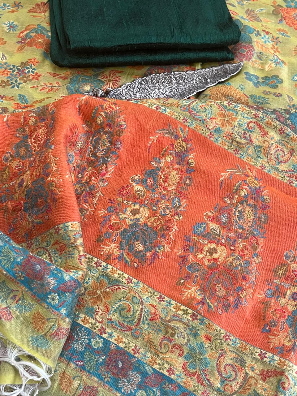 Beautiful Pure Silk Handwoven Kani Weave dupatta sets - Bottle Green Kurta