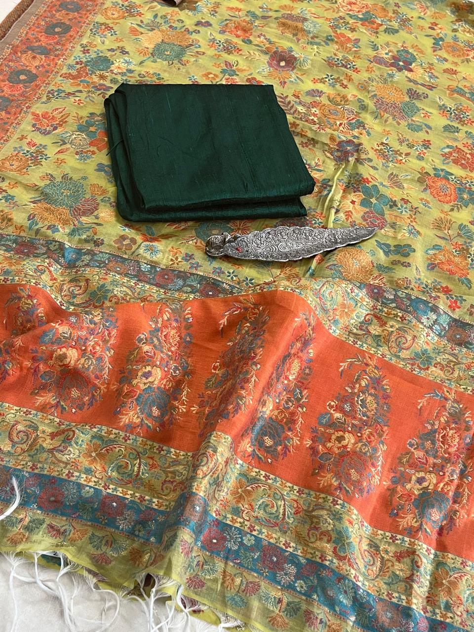 Beautiful Pure Silk Handwoven Kani Weave dupatta sets - Bottle Green Kurta