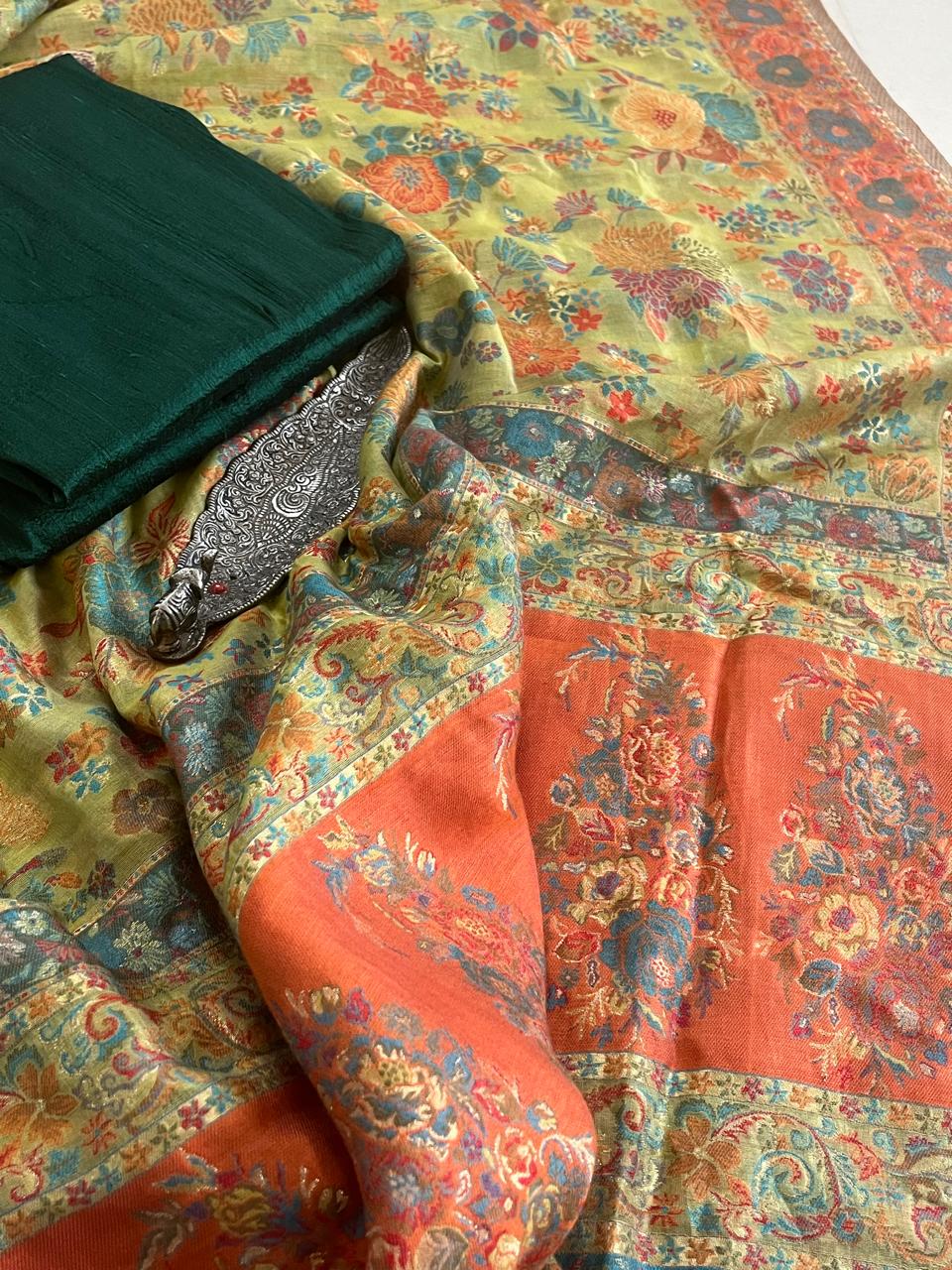 Beautiful Pure Silk Handwoven Kani Weave dupatta sets - Bottle Green Kurta