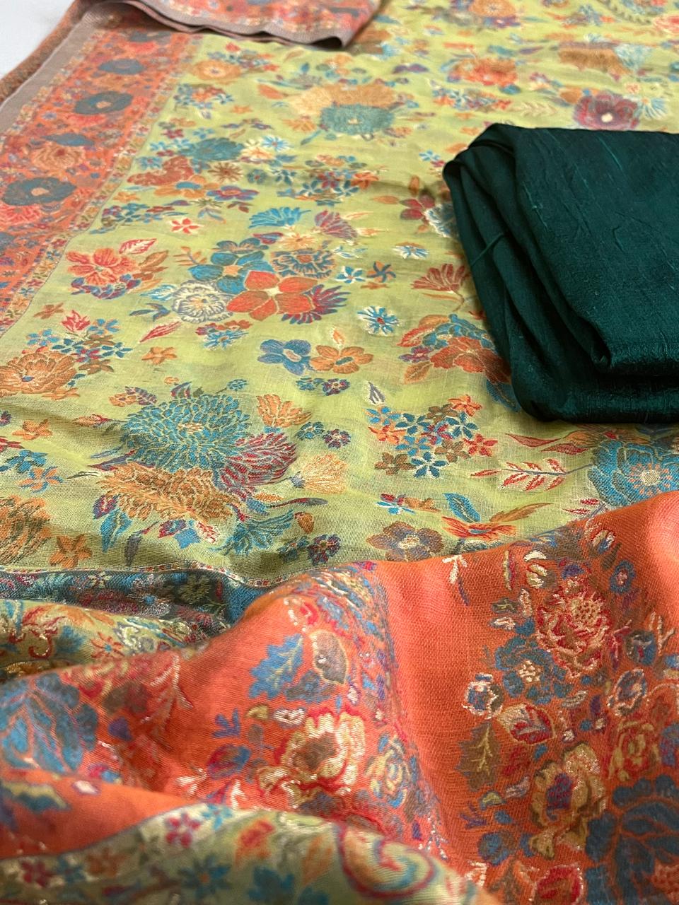 Beautiful Pure Silk Handwoven Kani Weave dupatta sets - Bottle Green Kurta